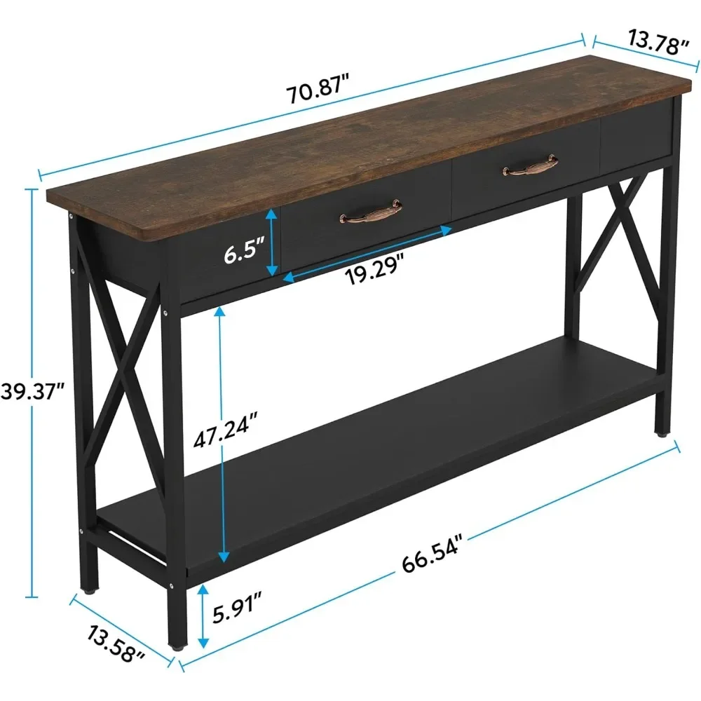 Sofa Table with Drawers, 70.9 Inch Extra Long Console Table with Storage Shelves Metal Legs for Entryway Living Room Hallway