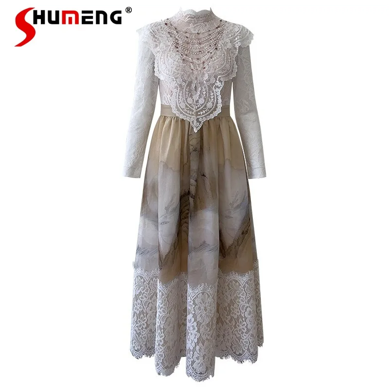 

Autumn Winter Fashion Temperament Ink Painting Pattern Long Stand-up Collar Elegant Dresses Slim Fit Bottoming Vestidos De Mujer