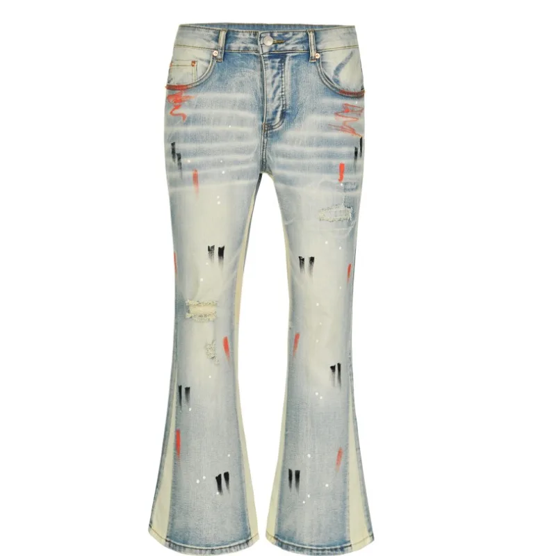 2026 Spring Autumn Men European American Vintage Paint Splatter Ripped Denim Jeans Korean Style Wide Leg Casual Long Trousers