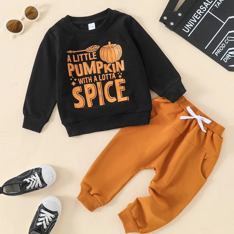 

Toddler Boy Halloween Outfit Pumpkin&Letter Print Long Sleeve Pullover Tops with Solid Color Elastic Waist Pants 2 Pcs Set