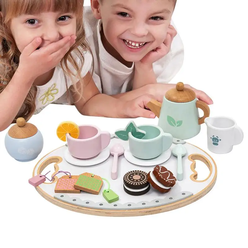 

Wooden Tea Party Set Kitchen Tea Toys Wood Little Girls Playset Pretend Food Kitchen Accessories For Toddler Boys Kids Aged 3-5