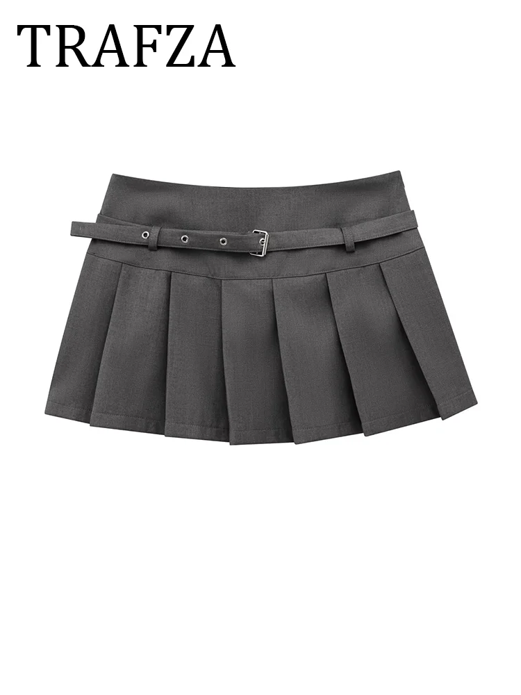 

TRAFZA Women's Belt Wide Pleat Short Skirts Fashion Woman 2025 Basics Mini Skirt Sexy Clothes For Women Korean style Solid Skirt