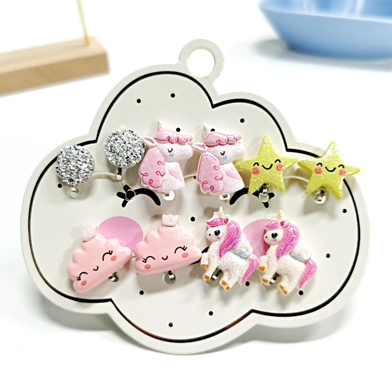 Christmas Gift for Children Non Piercing Girls Kids Earrings 5PRS Mixed Cute Unicorn Panda Cat Clip on Earring