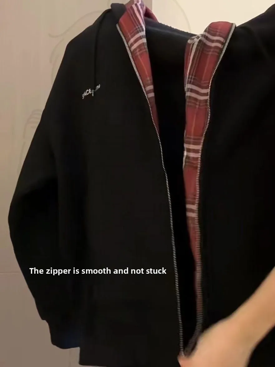 Américain paresseux Sle rétro Plaid épissage à capuche automne hiver Fce Couple manteau décontracté à la mode longue fermeture à glissière Sve