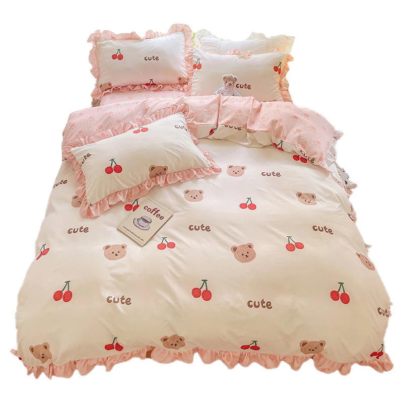 New Cute Princess Style Bedding Set For Girls Twin Full Queen King Size Polyester Bed Skirt AB Side Quilt Cover Sheet Pillowcase