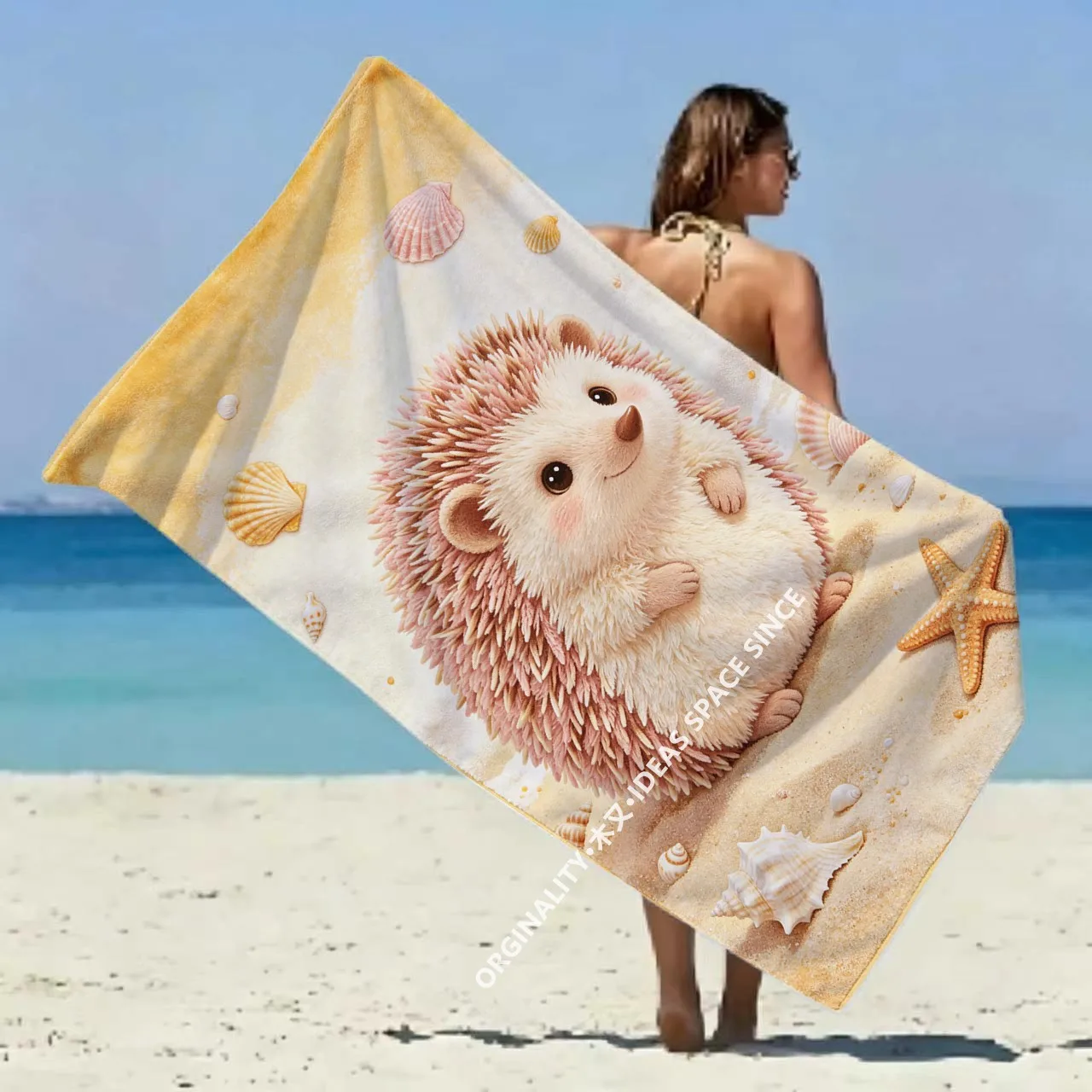 Cute Hedgehog Beach Towel With Seashells Patterned Sunscreen And Windproof Suitable For Swimming Pool Camping Travel