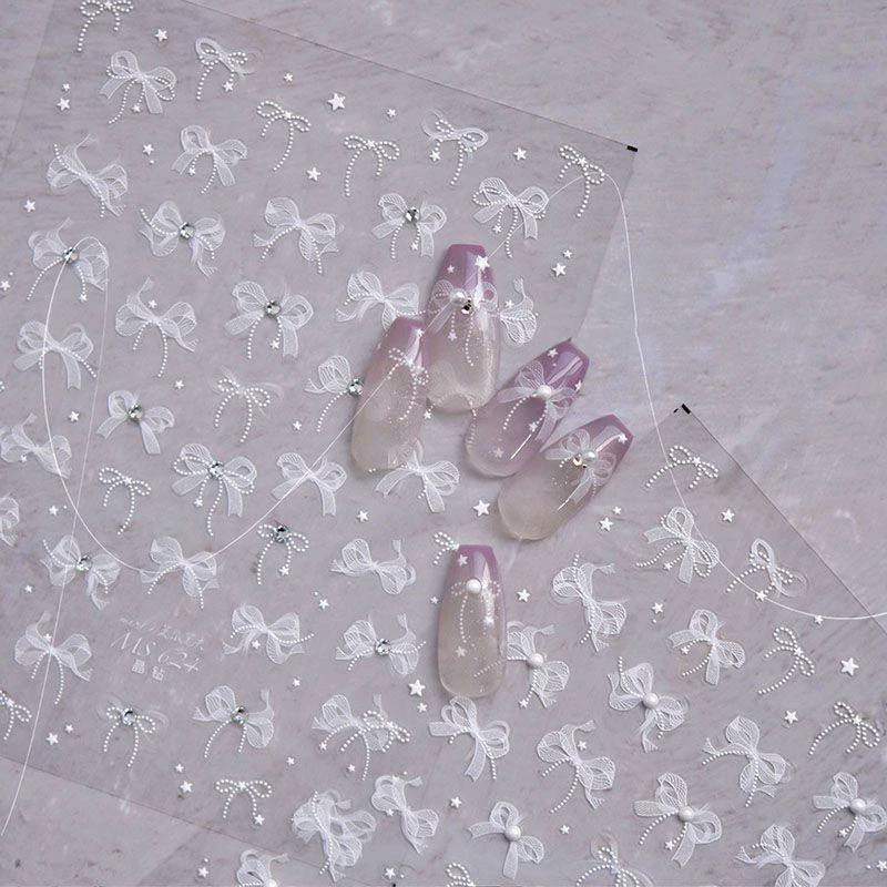 5D White Lace Bow Nail Art Stickers Pearl Rhinestones Nail Decoration Adhesive Decals Slider DIY Accessory