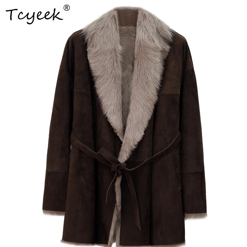 Tcyeek Prawdziwa Wełna Jesień Zima Elegancki Modny Płaszcz z Kołnierzem Jednolity Kolor Średniej Długości Damski Wełniany Płaszcz z Kożucha Futro Fourrures Femme