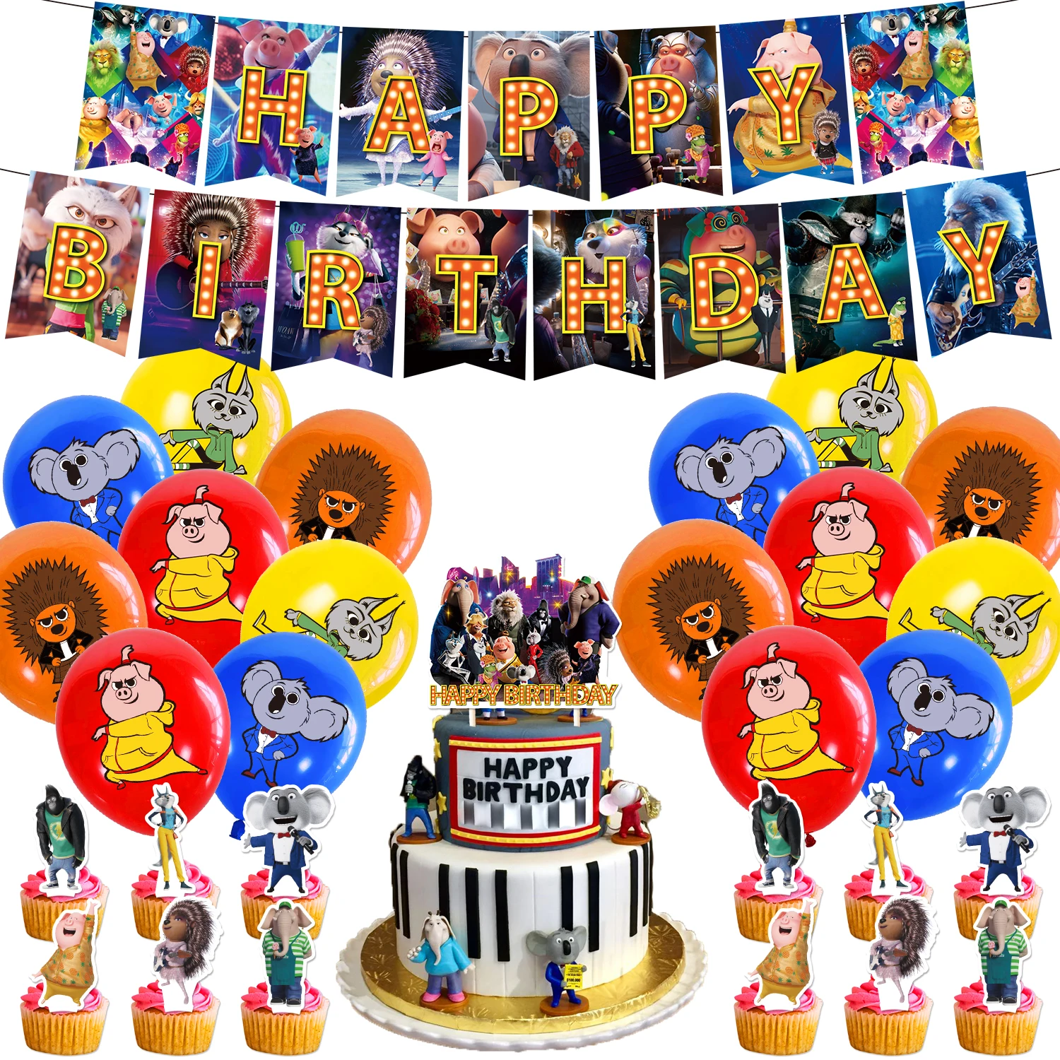 Movie Sing2 Theme Birthday Party Favors Paper Banner Cake Toppers Latex Balloons Spirals Birthday Party Decorations For Kids