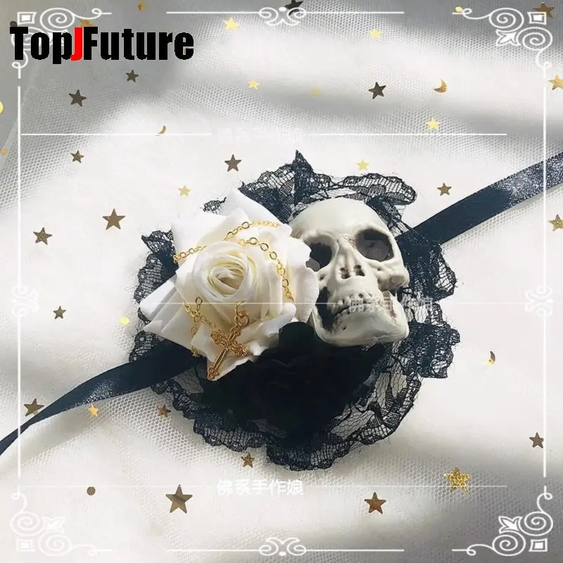 Harajuku Steampunk Y2K da donna per ragazze Gotico fatto a mano Scheletro Rosa pizzo dank lolita COS accessori Maschera per occhi singoli