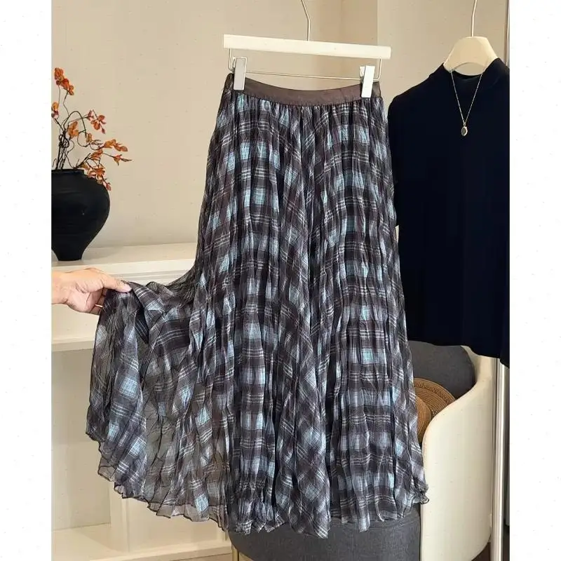 Skirts Women Mid Length Skirt A Line Elastic Waist Mix Plaid Elegant Splice Y2k Streetwear Loose Work Casual Beach 2026 Spring