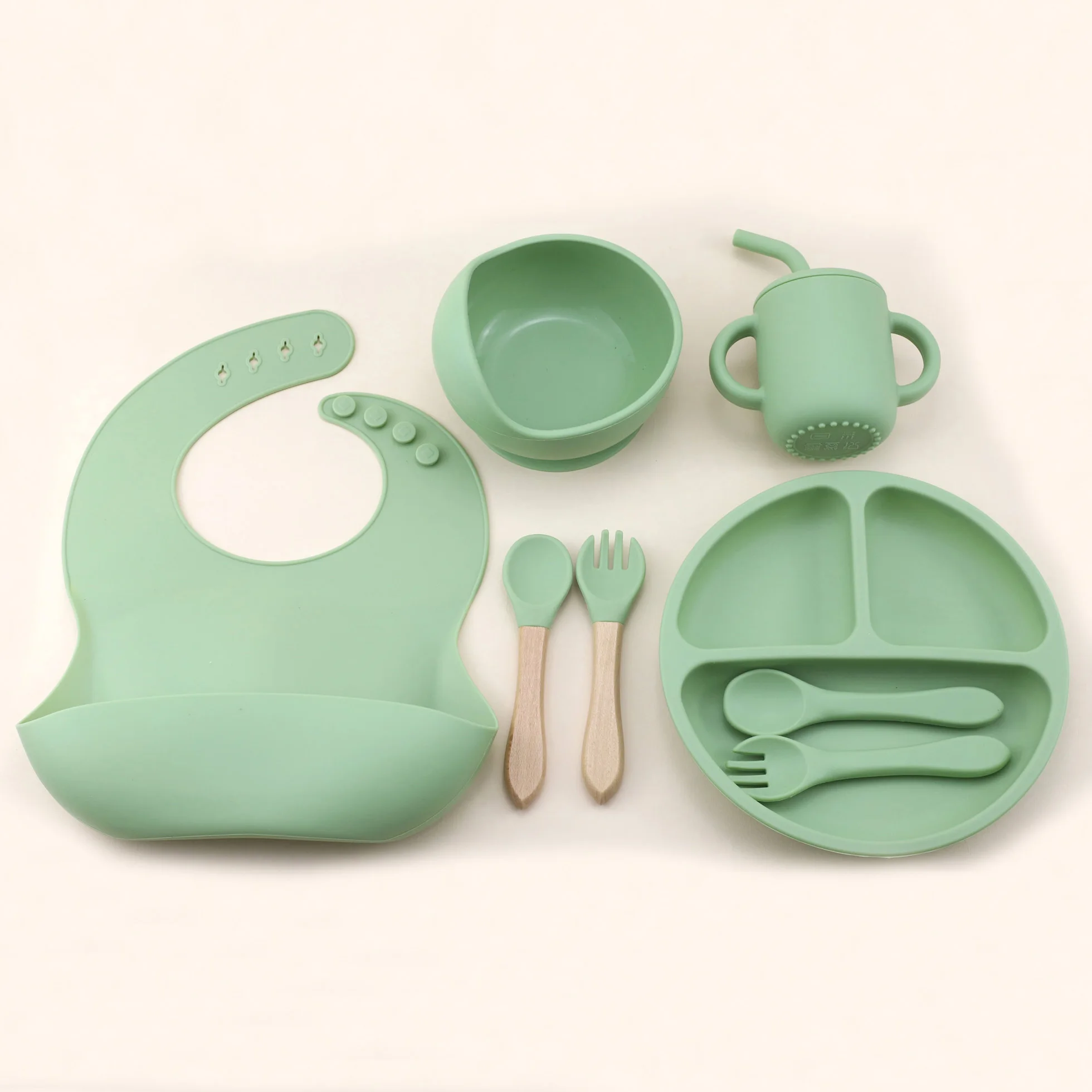 

8pcs silicone tableware set for baby bibs, plates, bowls, straws, cups, spoons, forks