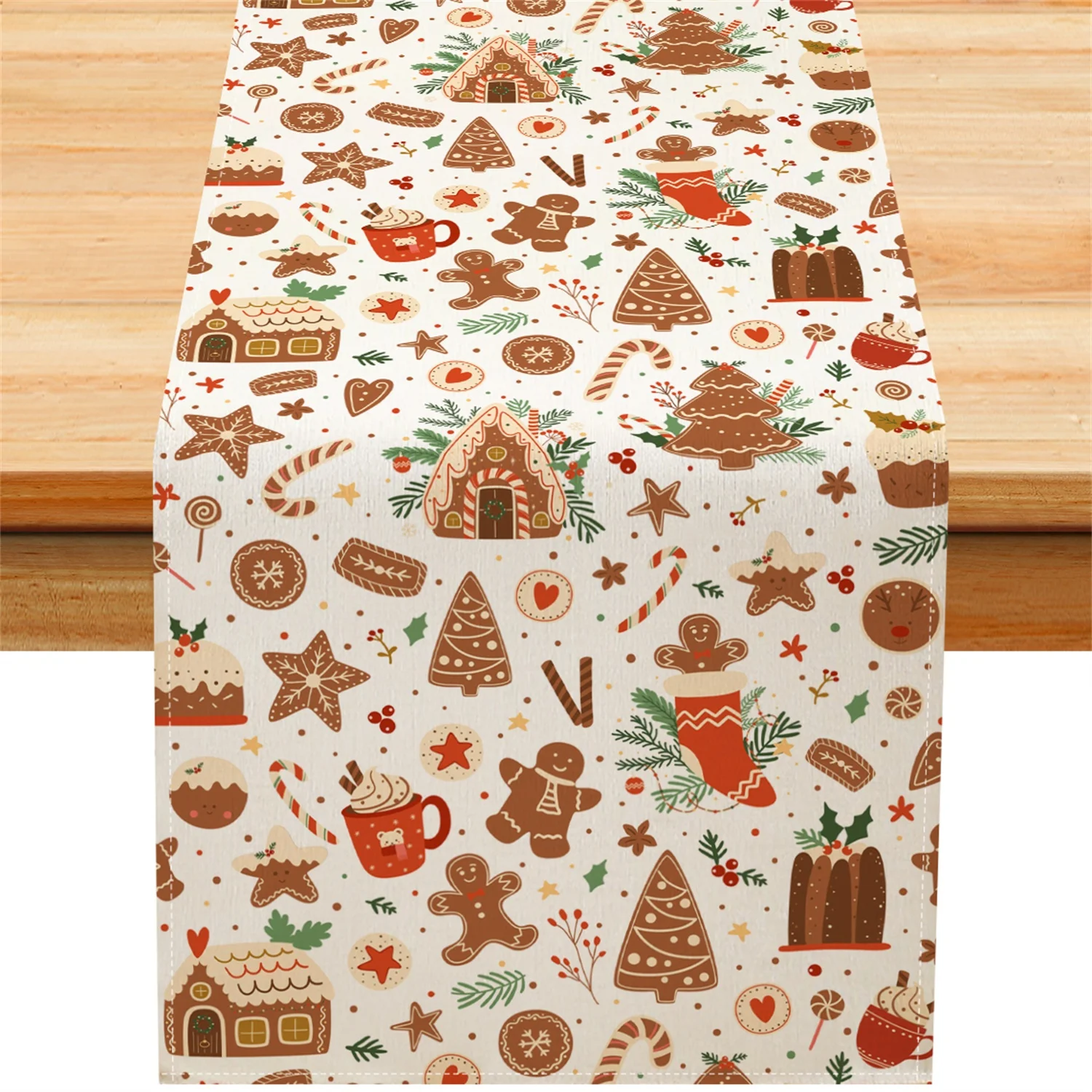 1pc Festive Gingerbread Christmas Table Runner - Polyester, Rectangular, Table Runner For Living