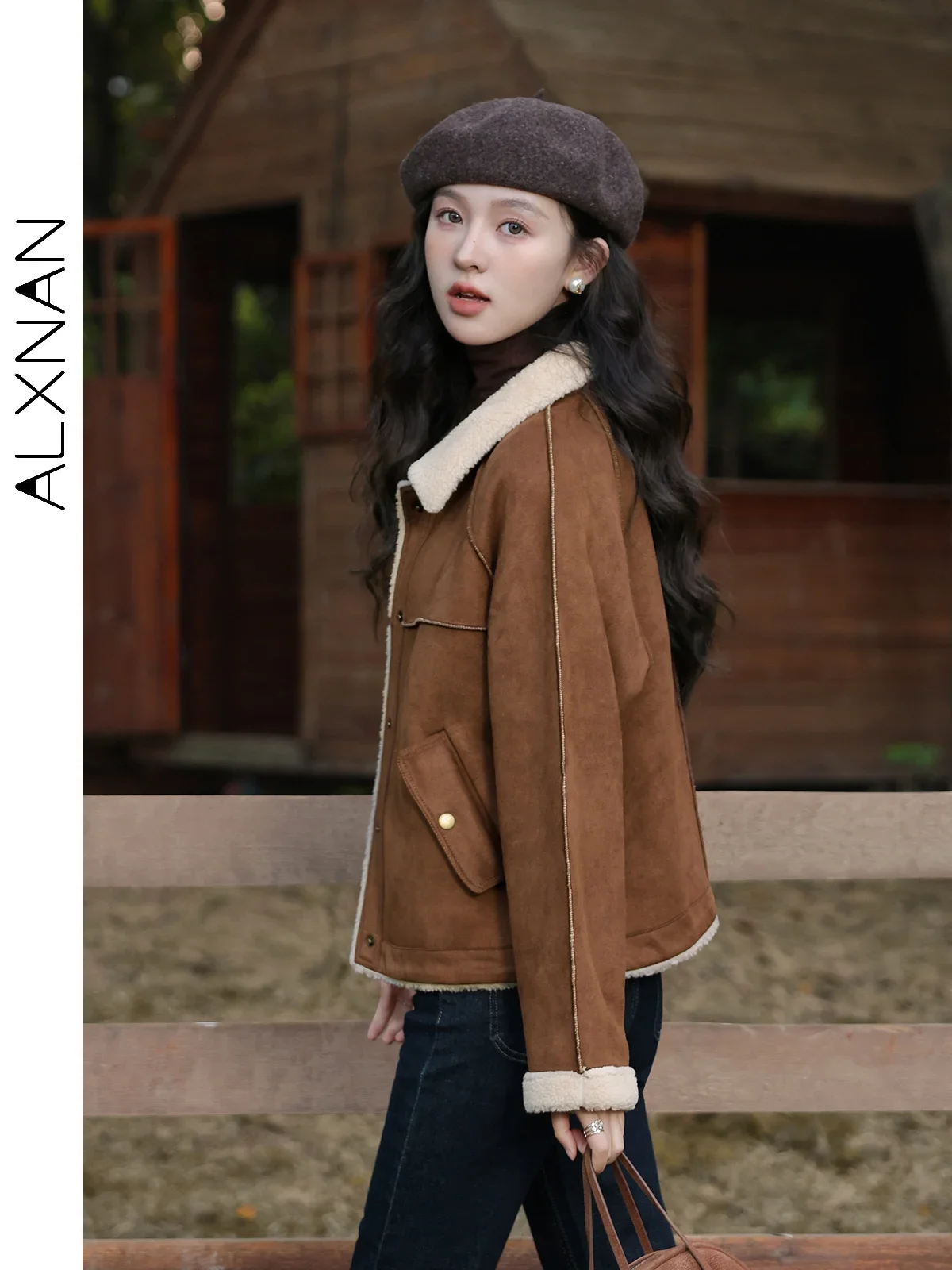 เสื้อแจ็คเก็ตสั้นผู้หญิง ALXNAN สีน้ำตาลอ่อน แต่งผ้าแบบ Patchwork ปกเสื้อแบบปกเชิ้ต ผ้าขนแกะทรงตรง เสื้อโค้ทฤดูใบไม้ร่วง ฤดูหนาว สไตล์วินเทจ รุ่น VL330203