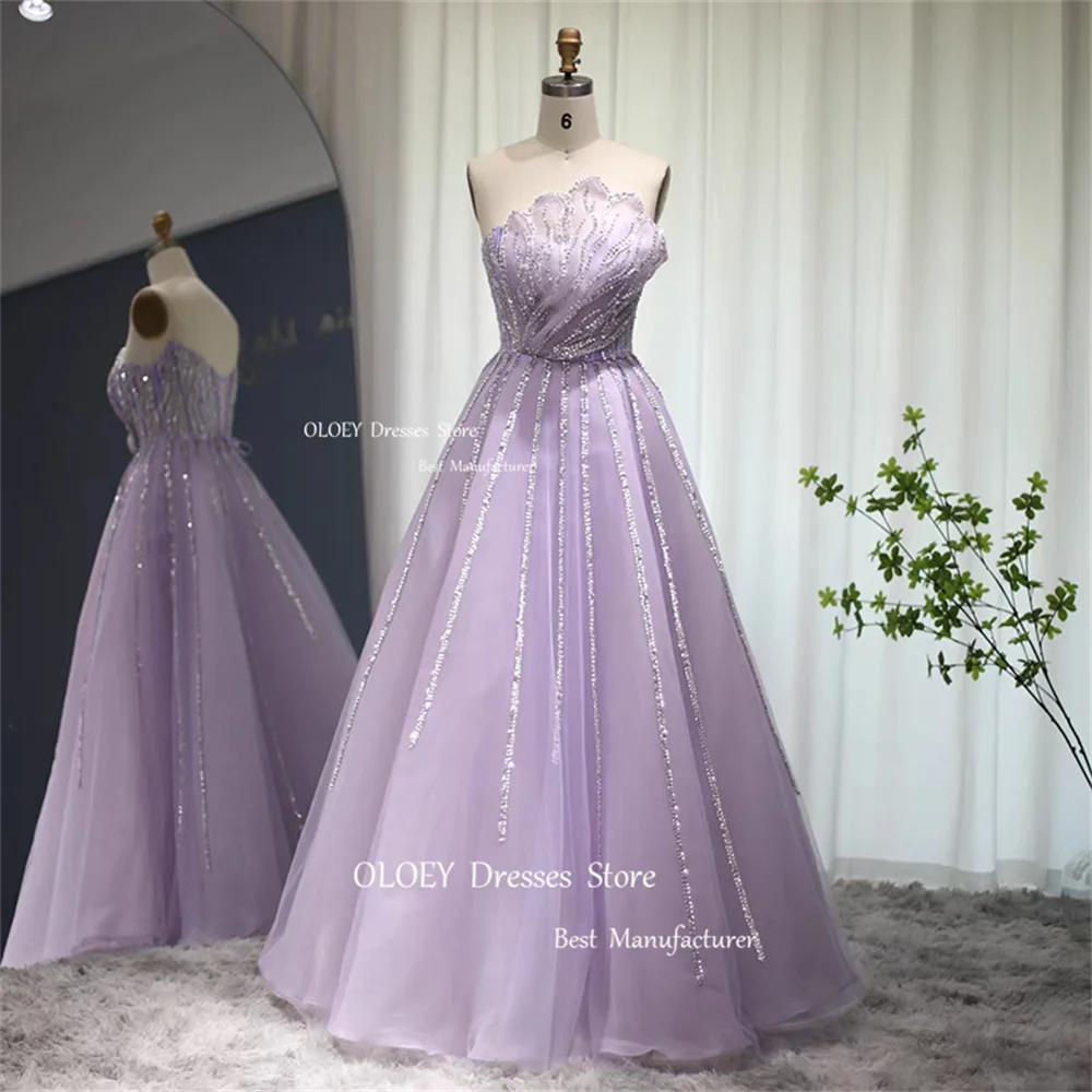 OLOEY Strapless Light Purple Prom Dresses Wedding Photoshoot Beading Silky Tulle Evening Dresses Perform Gowns Floor Length