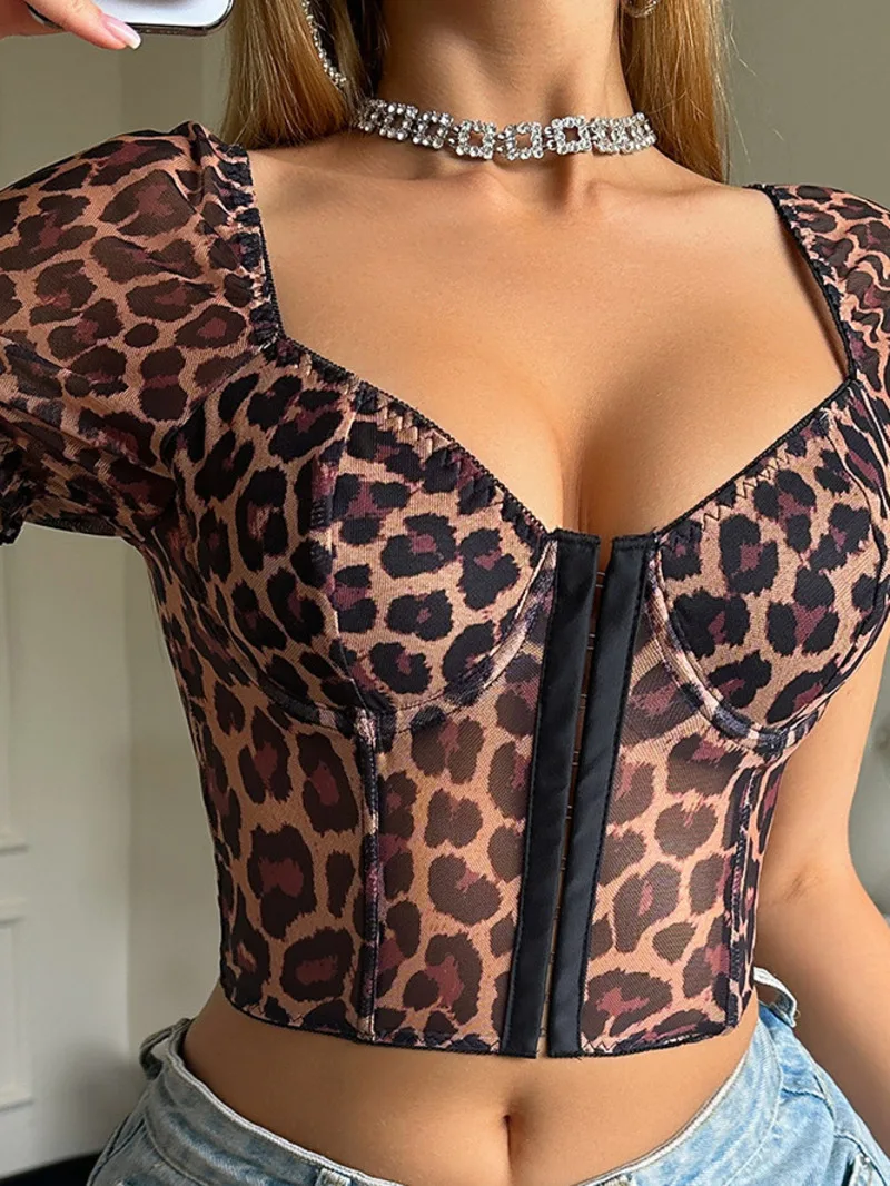 Style Sexy Leopard Print Hot Girl Passion Half Transparent Short Sleeved Charming Backless Deep V Suspenders Casaul Vest 3PSZ