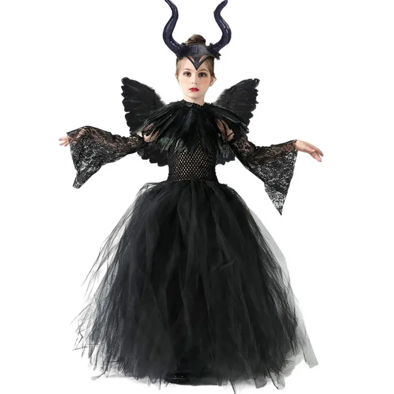 MUABABY Halloween Maleficent Tutu Dress Mistress of Evil Cosplay Costume for Girls Vallain Evil Queen Malefient Clothing Vesidos