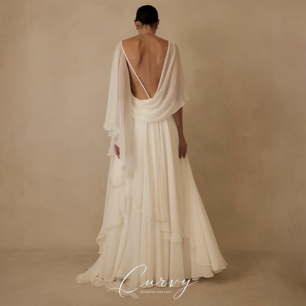 Curvy Modern Chic A‑Line Chiffon Wedding Dress Deep V Open‑Back Tiered Ruffle Skirt Maxi‑Dress for Civil Wedding 2026