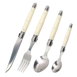 4/6/24Pcs Laguiole Ivory White Color Flatware Cutlery Set Steak Knives Forks Soup Spoons Teaspoons Stainless Steel Tableware Set