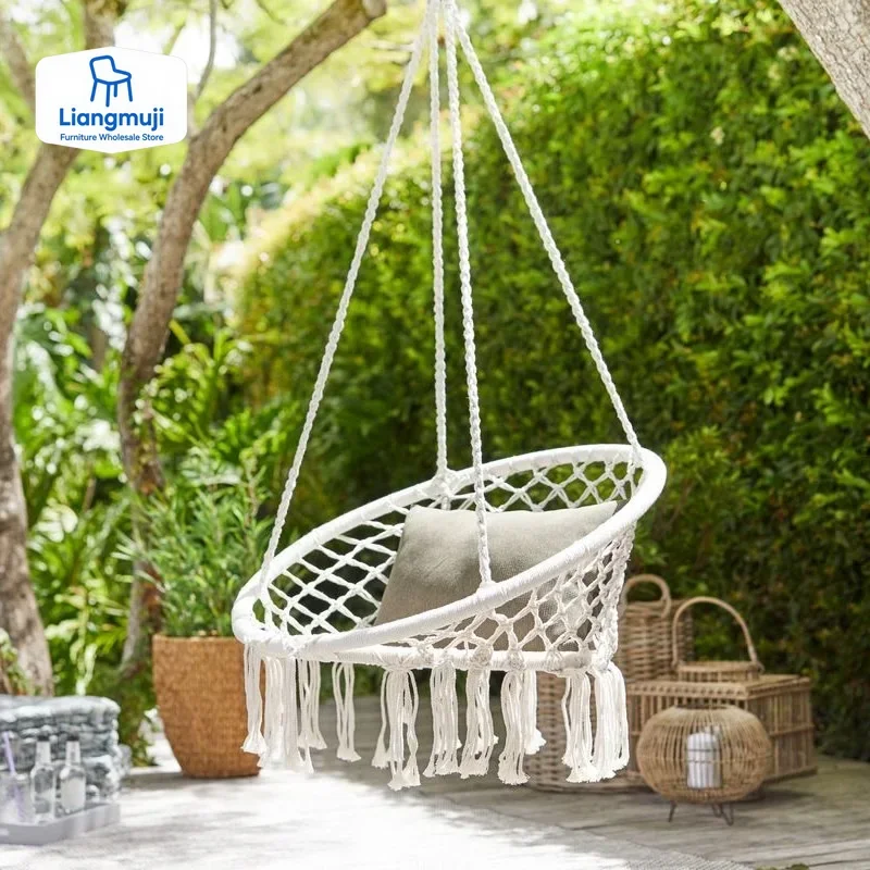 

-Feistel Garden Hanging Chair White Hammock Round Chair With Cotton Tassel Style For Balcony and Yard Black And White chair