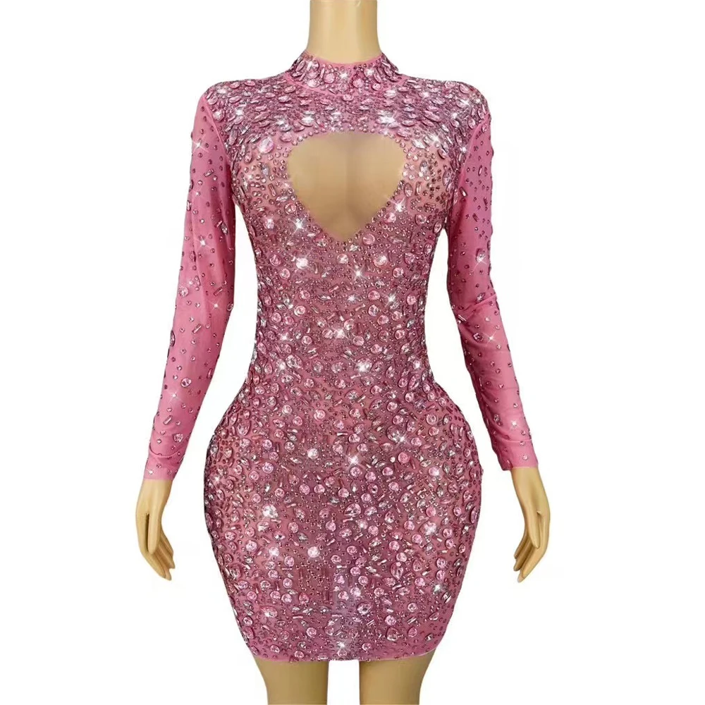 

Sexy Stage Pink Rhinestones Luxurious Long Sleeves Dress Transparent Outfit Dance Stage Wedding Nightclub Handmade Costume