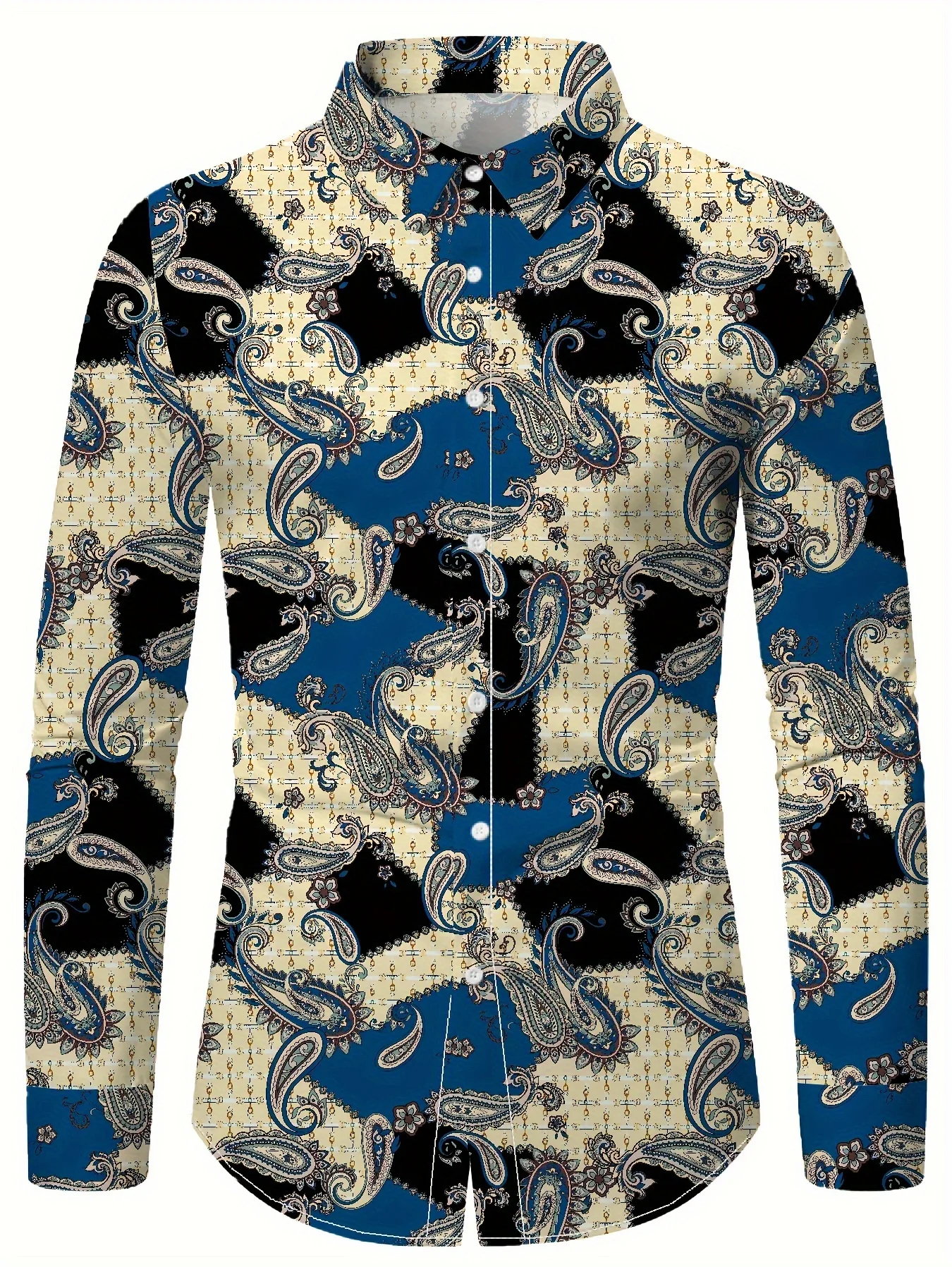 Men Long Sleeve Button Down Shirt Blue Beige Paisley Patchwork Print Polyester Lapel Collar Casual