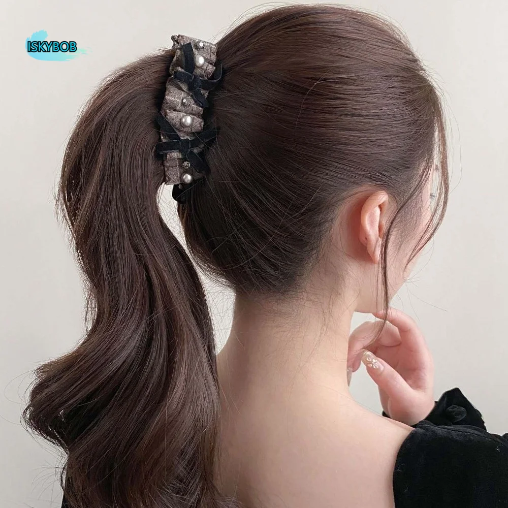 

Elegant Bow Banana Clip Plastic Square Rhinestone Women Vertical Clip Multi-layered Hairpins Pleated Ponytail Holder Daily