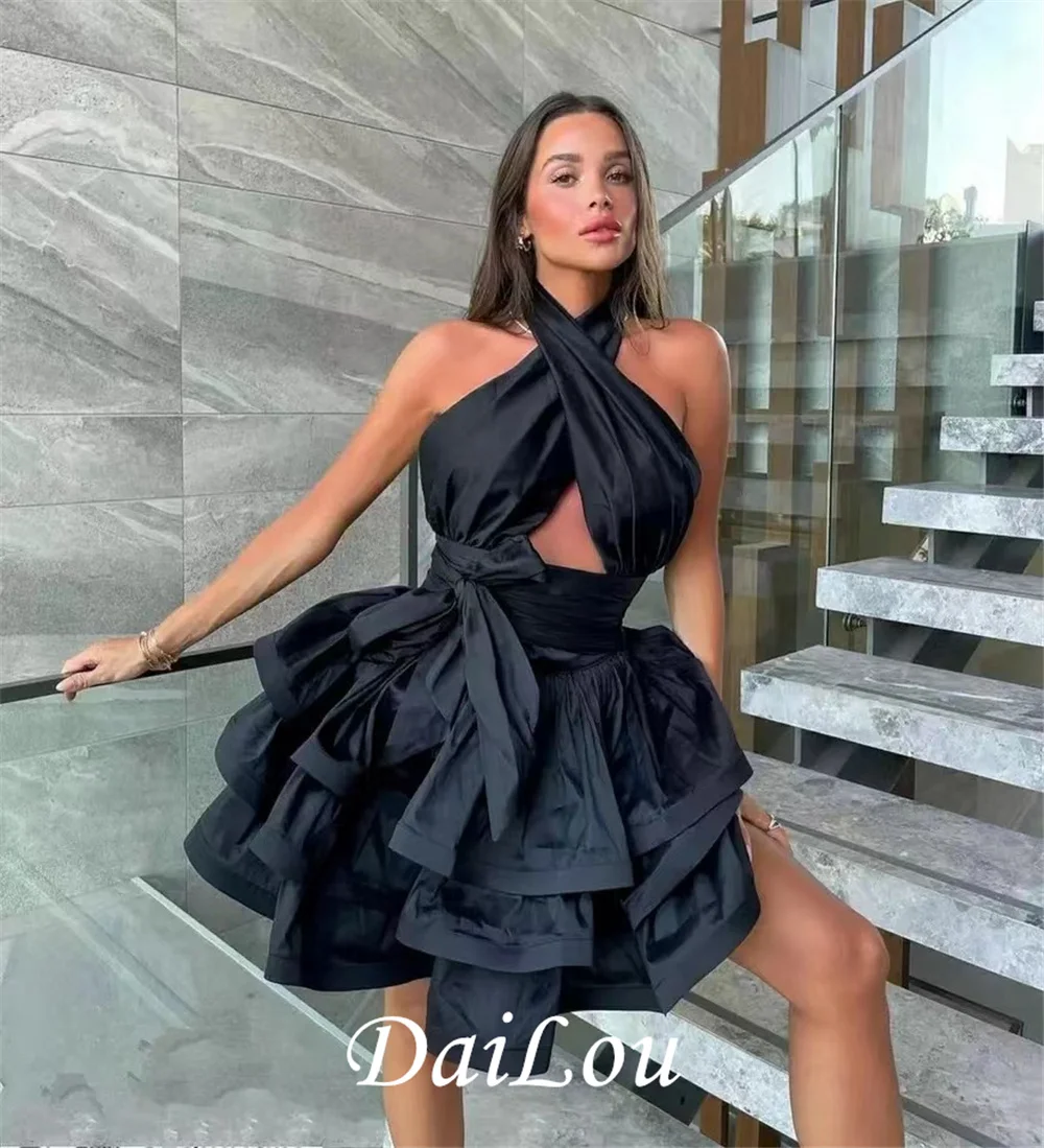 

A-Line Halter Backless Sexy Short Black Taffeta Arabic Black Abendkleid Robes de Soirée Evening Dresses 2022