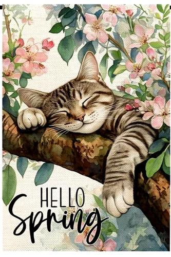28 X 40 HELLO SPRING  Cat Garden , House Flag ~ Floral Cat Lover Welcome Flag ZZY