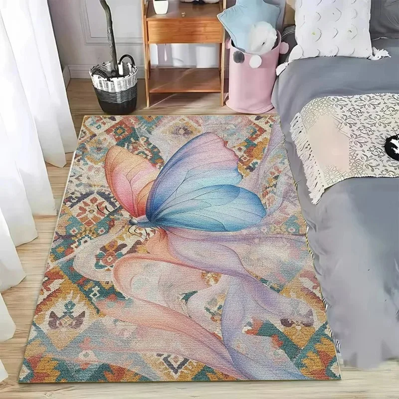Bohemian Watercolor Butterfly Print Area Rug, Soft Non-Slip Washable Floor Mat for Kids Bedroom, Nursery and Living Room Decor