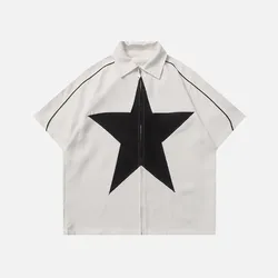 Men and women high street street hip-hop fashion retro star pattern printing relaxed and casual goth with zipper T-shirts