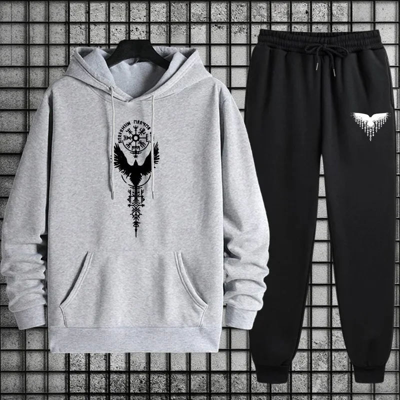 Men's Casual Sportswear Set 2025 Comfort Fit Hoodie and Soft Joggers for Outing Daily Lounge Wear Raven Print Sweatshirts Suit