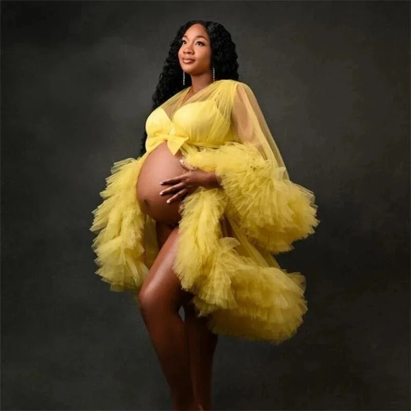 Yellow Maternity Dresses Ruffles Puffy Tulle Robe Short Prom Dress Pregnant Women Photoshoot Gown Bridal Nightgown Sleepwear