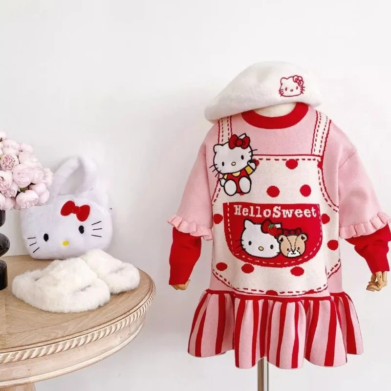 

Kawaii Hello Kitty Sanrio Cute Cartoon Long Sleeved Dress Children Student Knitted Sweater Skirt Birthday Gift for Girls
