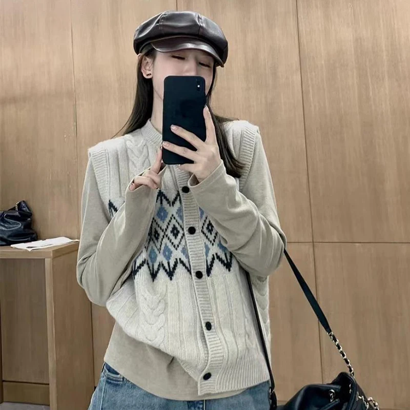 Korean Mix Color Sweater Vest Women Crew Neck Single Breasted Knitted Cardigan Woman Vintage Ribbed Sleeveless Knitted Vest Lady