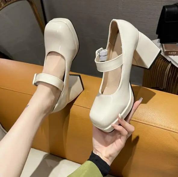 Platform Stiletto Heels Mary Janes Heels Shoes Women Patent Leather Chunky Square Toe Buckle Goth Women Pumps Heel on Shoes