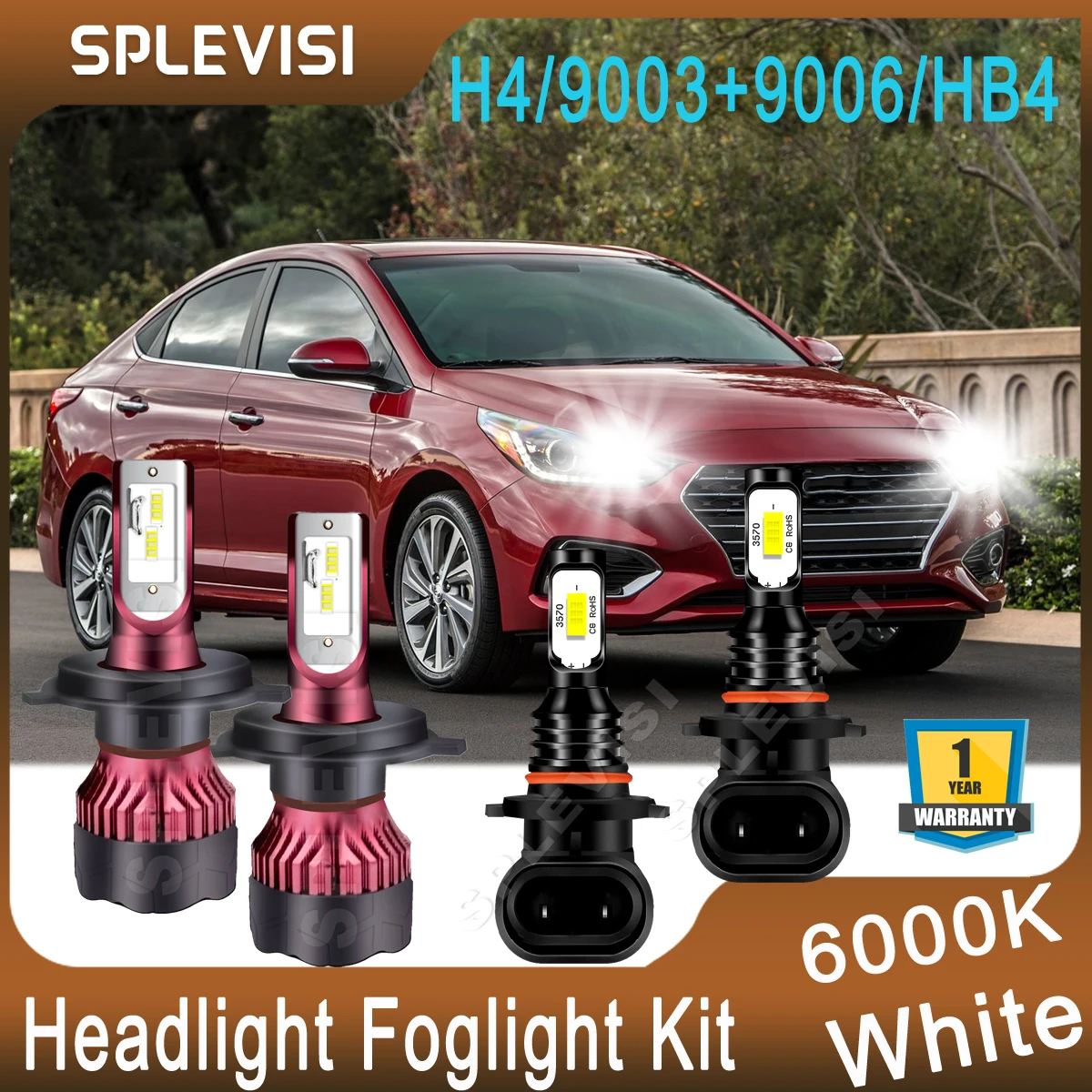 

Upgrade LED Headlight Foglamp Kit For Hyundai Accent 2018 2019 2020 Replace High Low Beam H4/9003, Folight 9006/HB4 Bright White