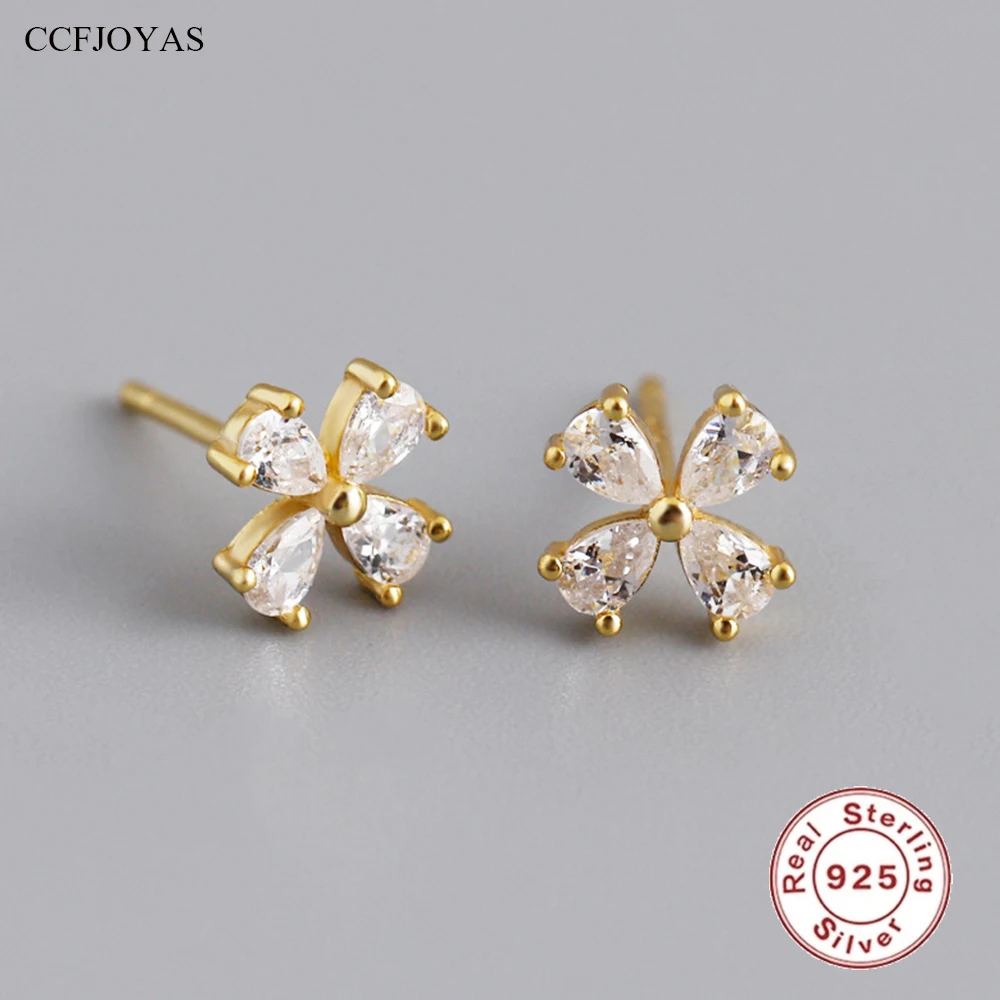 

CCFJOYAS 925 Sterling Silver Flower Shaped Stud Earrings for Girl European and American Simple Clear Zircon Piercing Earrings