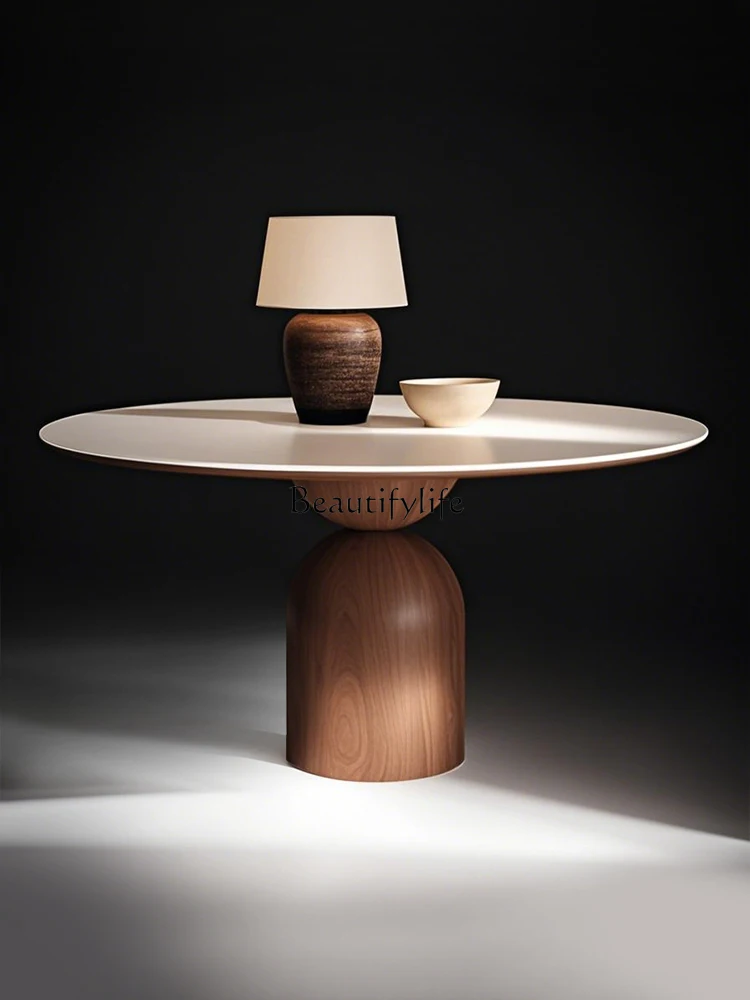 

Solid wood rock slab dining table household small apartment with turntable household dining table