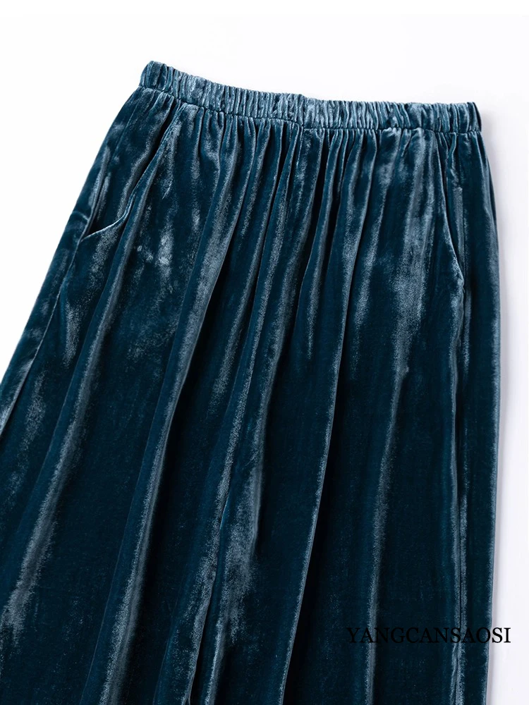 Women's Fashion Autumn New 30% Natural Mulberry Silk Velvet Double-layer Fungus Edge Two Side Pockets Straight Leg Pants