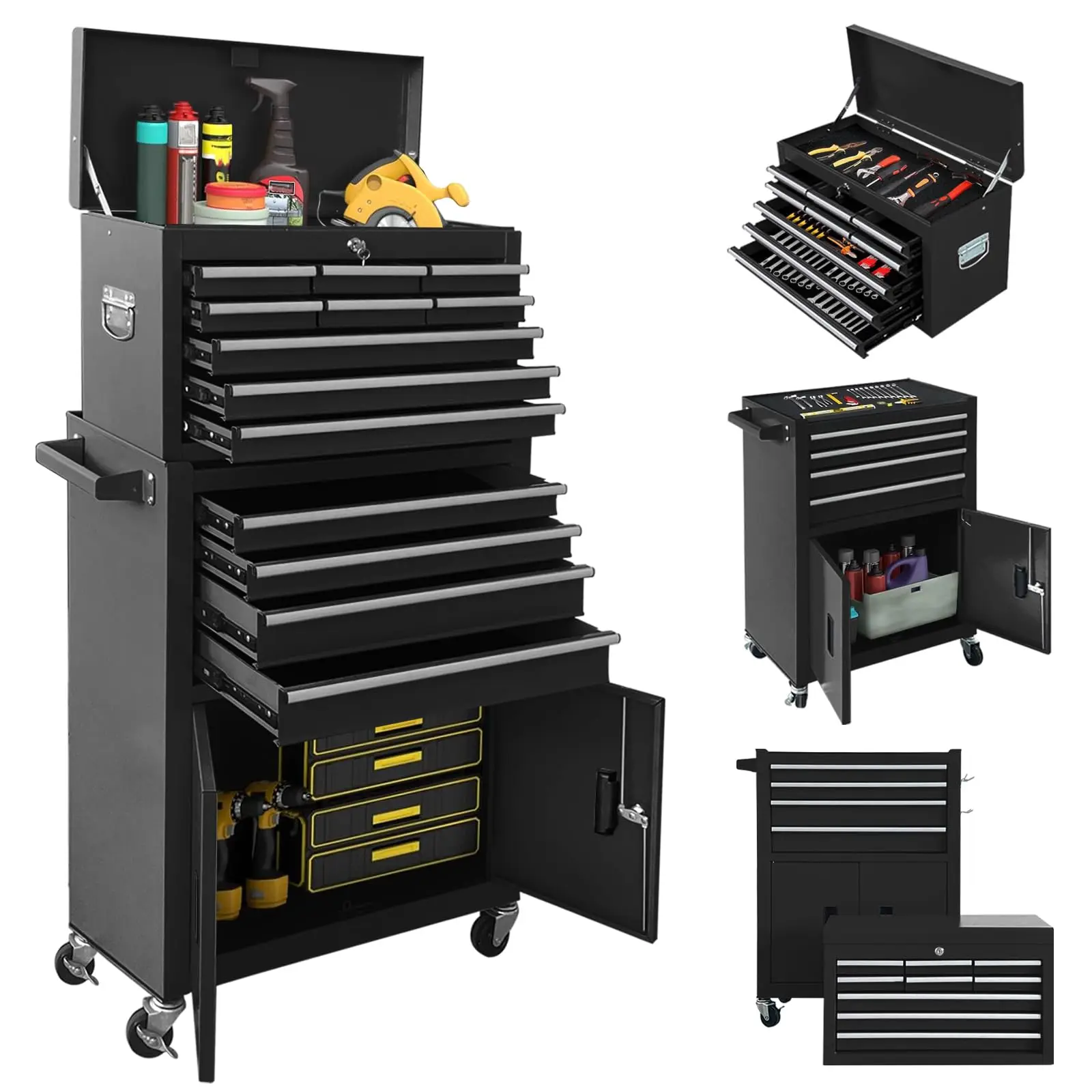 13-Drawer Rolling Tool Chest with Double Door Handle, 2-in-1 Detachable Metal Storage Cabinet with Wheels and Lock