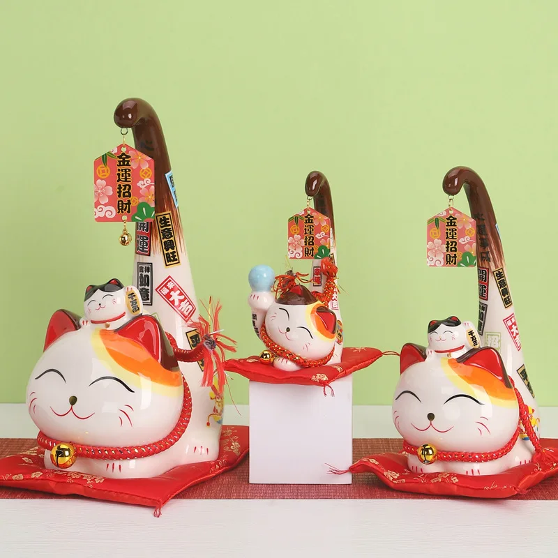 

1pc Ceramic Maneki Neko Ceramic Japanese Style Lucky Cat with Long Tail Fortune Cat Feng Shui Statue Tabletop Ornament Decor