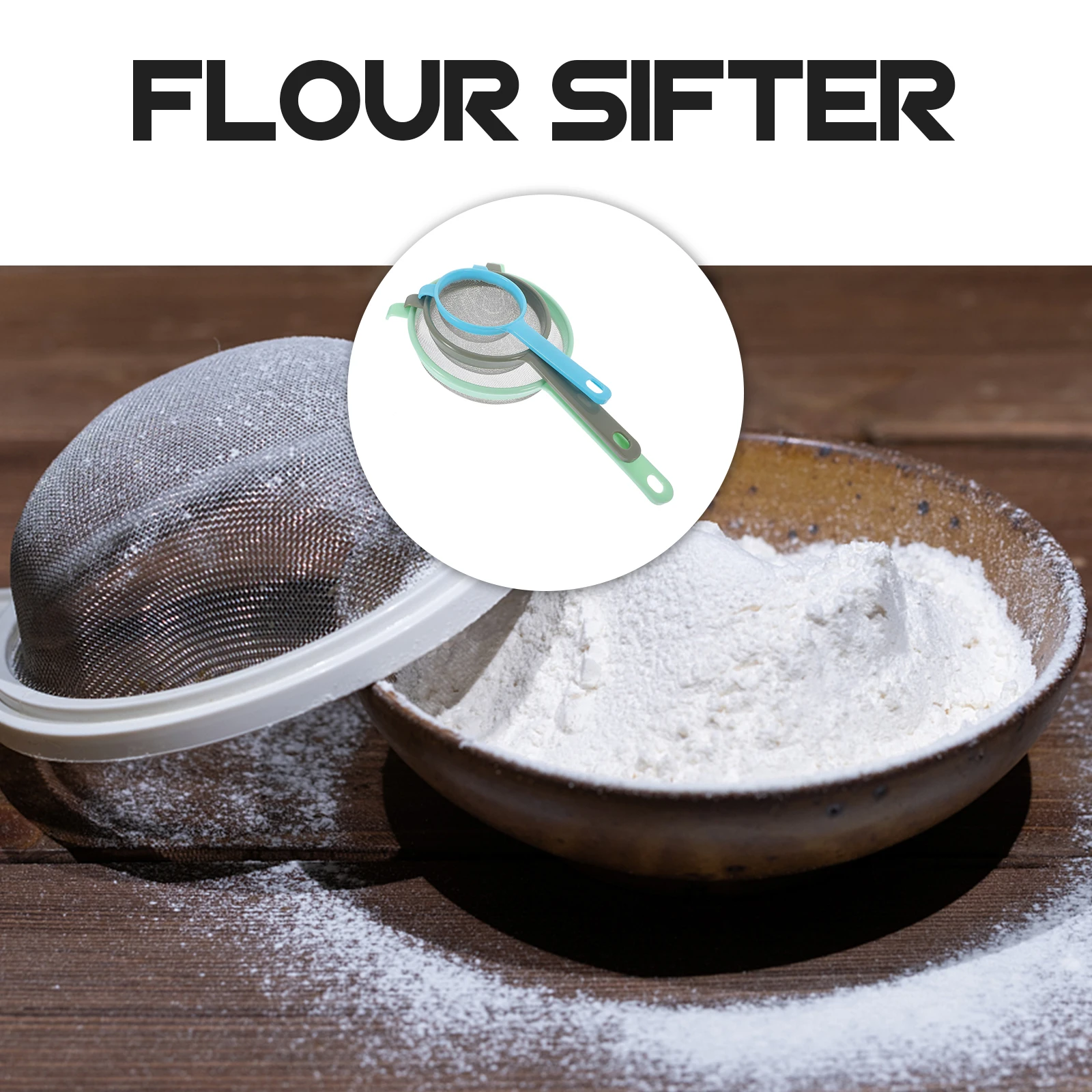 

Flour Sieve Filter H held Powder Sifter Fine Mesh Stainless Steel Kitchen Gadget Manual Sugar Sifter Three Sizes Hanging Hole