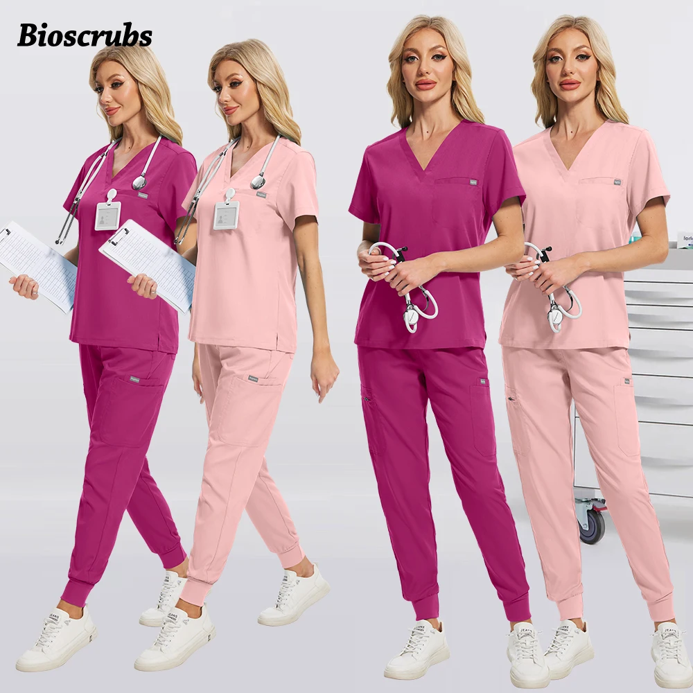 

Pockets V-neck Nurse Scrubs Set Unisex Lab Hospital Uniform for Women Men Medical Doctor Surgery Workwear Dentist Work Top+Pants