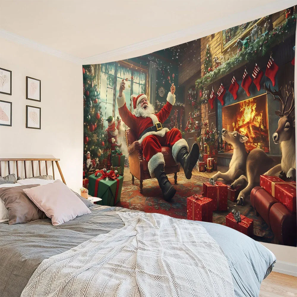 

Christmas tapestry, Santa Claus, Christmas tree, snow view, home holiday decorations, Christmas gifts, wall hanging cloth