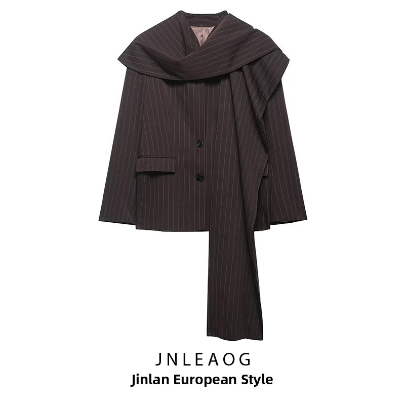JNLEAOG Spring New Women's Fashionable All-Match Scarf Collar Design Coat Standard Fit Polyester Long Sleeve Button up