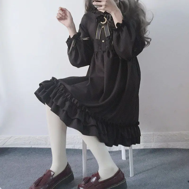 Wiktoriański Gothic Lolita OP sukienka kobiety Harajuku z długim rękawem łuk wzburzyć bandaż czarne sukienki dziewczęce Cosplay Lolita pokojówka