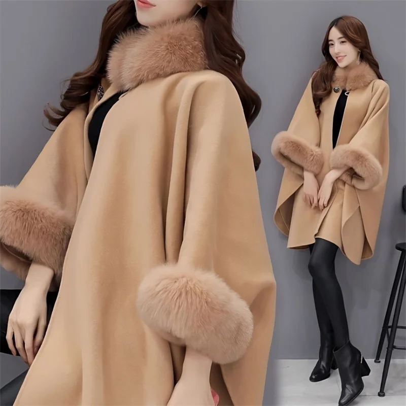 2024 Herfst Winter Nieuwe Mode Vrouwen Lange Imitatie Vos Bontkraag Wollen Jas Cape Cape Hepburn Stijl Wollen Plus-size Top