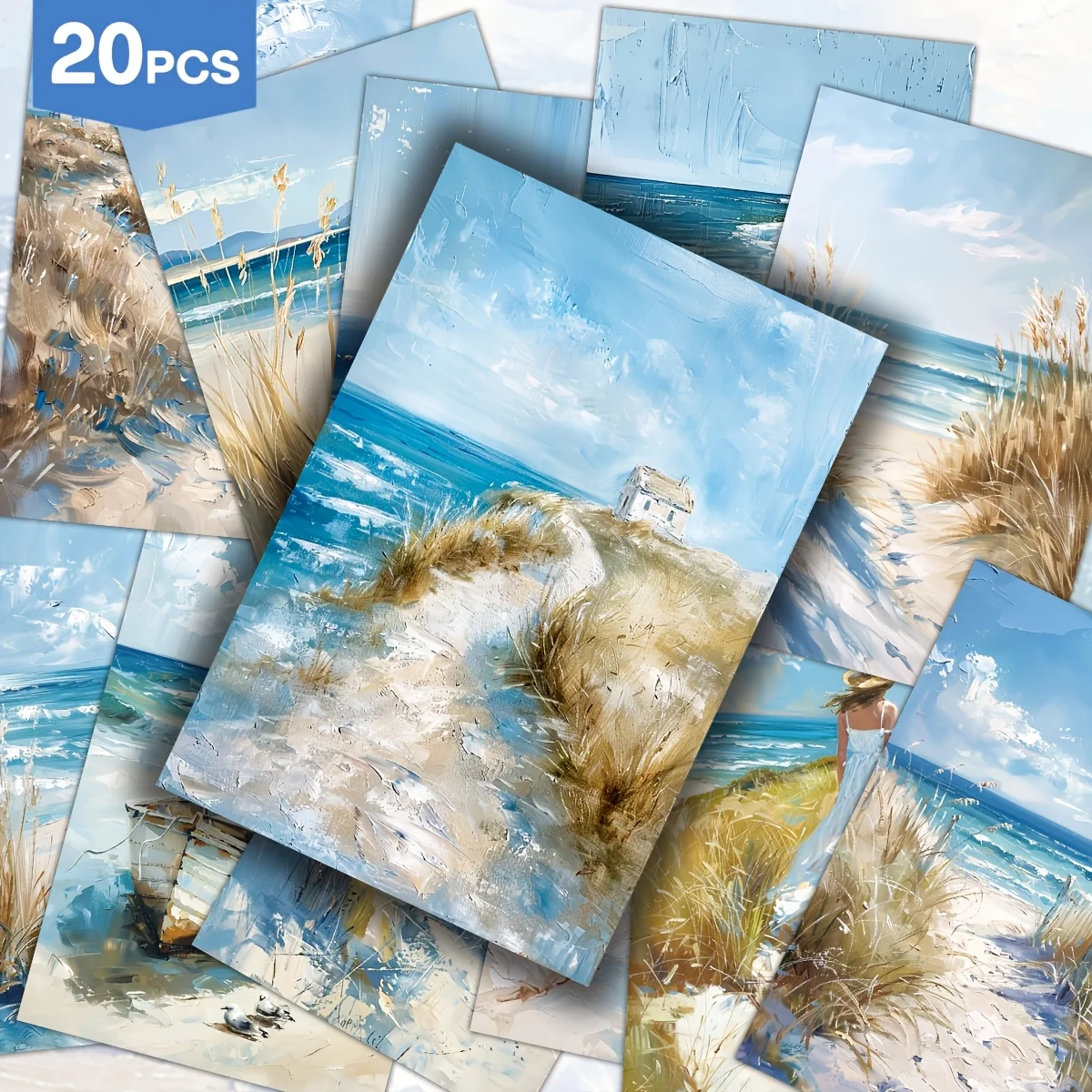 20PCS Summer Seaside Beach Art Postcards, Ocean Lighthouse Sailing Scenery, Beach Enthusiasts Holiday Gifts, Used for Scrapbook