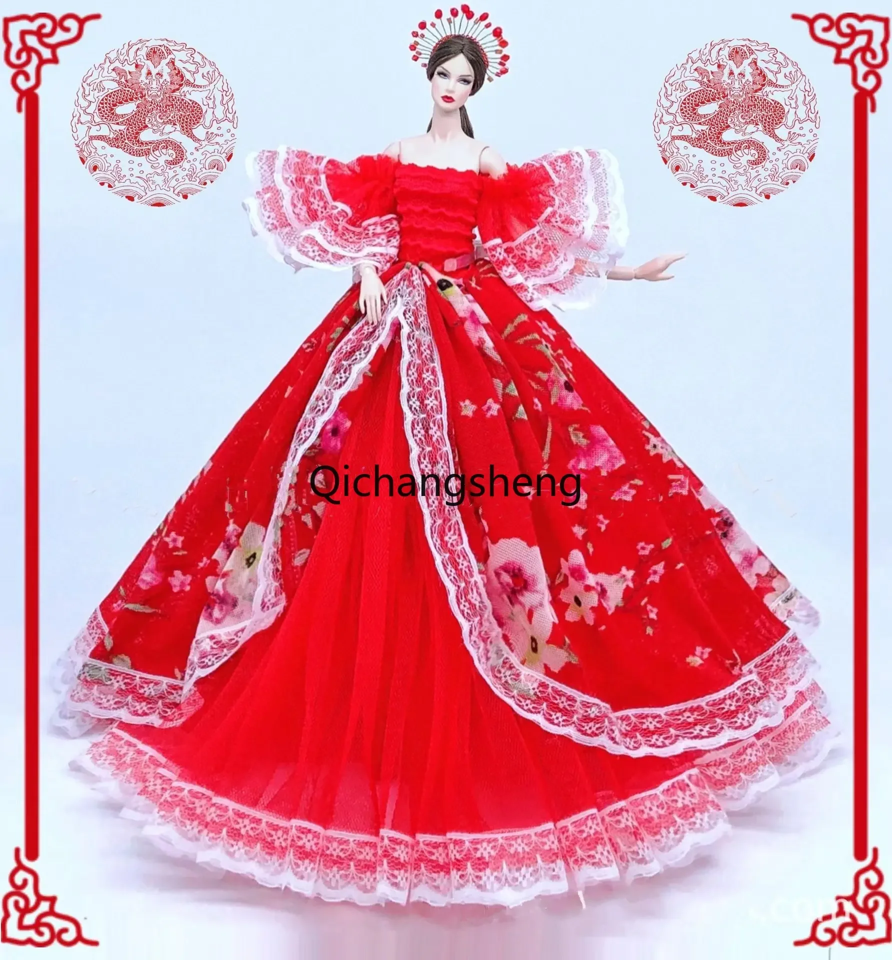 

1/6 Doll Clothes Red Floral Puff Sleeve Wedding Dress For Barbie Clothing For Barbie Clothes Outfit Gown 11.5" Dolls Accessories